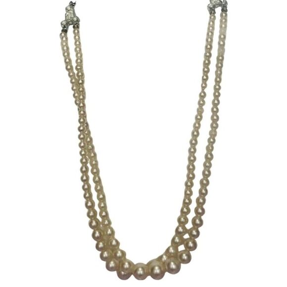 Vintage Oversized Beige Pearl Bead Double Strand Rhinestone Women’s Necklace - Picture 1 of 9